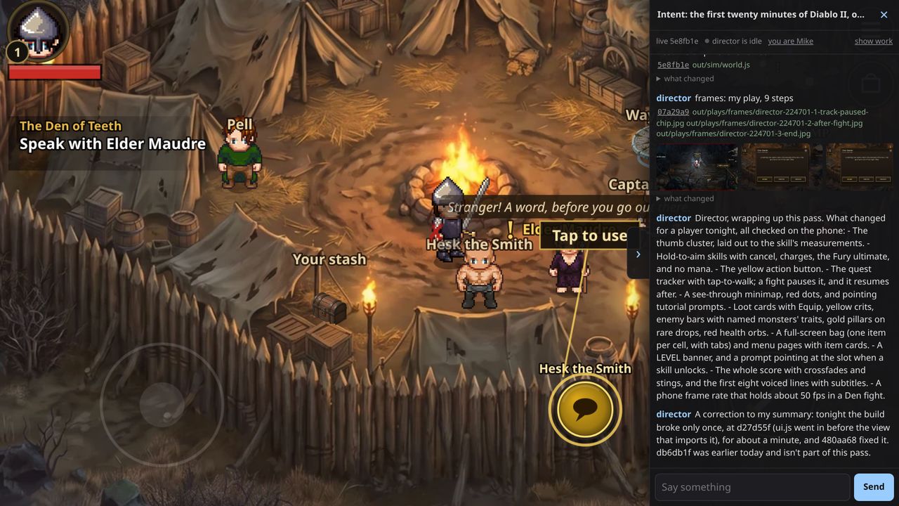 A game being built in Game Harness: the game on the left, the director's notes on the right